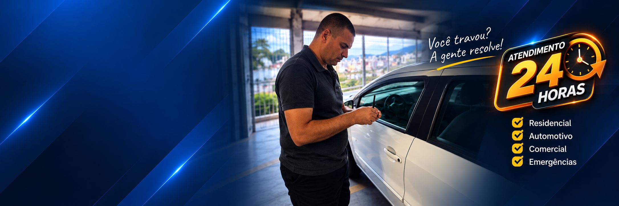 Chaveiro da Cia das Chaves destravando um carro em Juiz de Fora — atendimento residencial, automotivo, comercial e emergências 24 horas