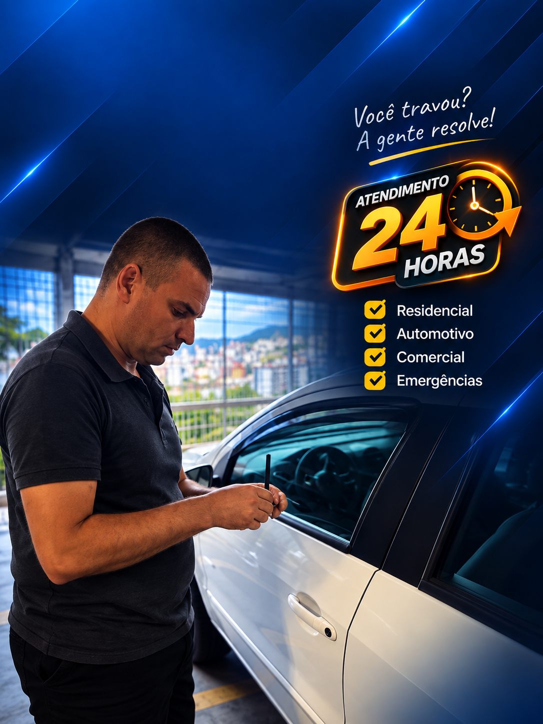 Chaveiro da Cia das Chaves destravando um carro em Juiz de Fora — atendimento residencial, automotivo, comercial e emergências 24 horas